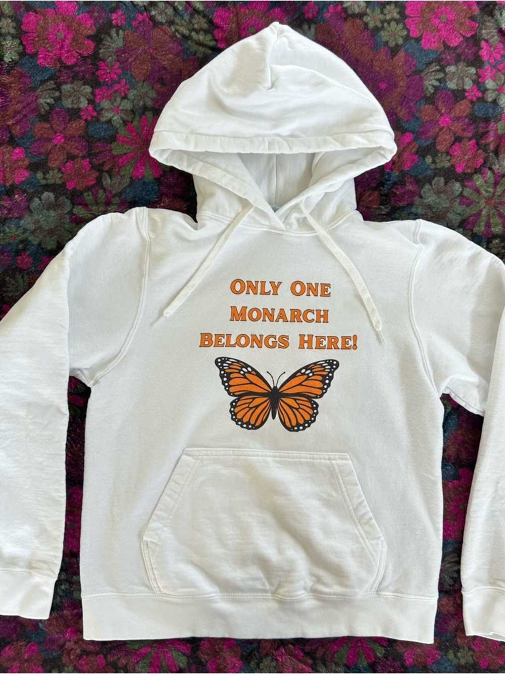 White Hoodie with Orange Monarch Butterfly Graphic